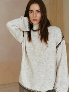 MOTF PREMIUM SMALL MOCK NECK CONTRAST COLOR CROCHET DETAIL PULLOVER SWEATER TOP, AUTUMN/WINTER - Apricot - View 8