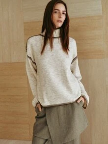 MOTF PREMIUM SMALL MOCK NECK CONTRAST COLOR CROCHET DETAIL PULLOVER SWEATER TOP, AUTUMN/WINTER - Apricot - View 7