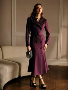 MOTF PREMIUM FASHIONABLE ELEGANT OVERCOAT WITH LAPEL COLLAR, FLORAL DECORATION, SLIMMING WAIST, NEW WINTER STYLE FOR WOMEN - Purple - View 4