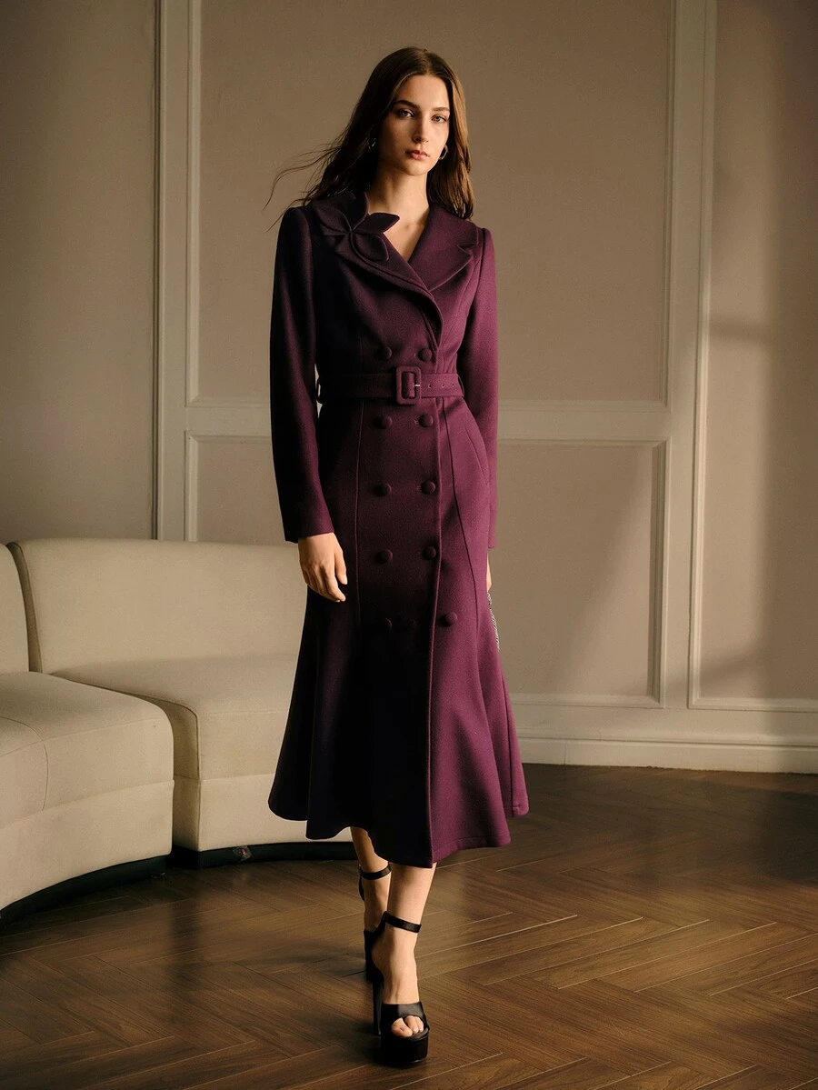 MOTF PREMIUM FASHIONABLE ELEGANT OVERCOAT WITH LAPEL COLLAR, FLORAL DECORATION, SLIMMING WAIST, NEW WINTER STYLE FOR WOMEN - Purple - View 2