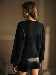 MOTF WOMEN'S BLACK CREW NECK RHINESTONE DECOR LONG SLEEVE FASHION VERSATILE SWEATER - Royal Blue - View 3