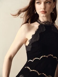 MOTF PREMIUM VELVET CONTRAST LACE SLEEVELESS STAND COLLAR SLIM FIT SHORT DRESS - Black - View 1