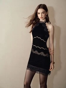 MOTF PREMIUM VELVET CONTRAST LACE SLEEVELESS STAND COLLAR SLIM FIT SHORT DRESS - Black - View 6