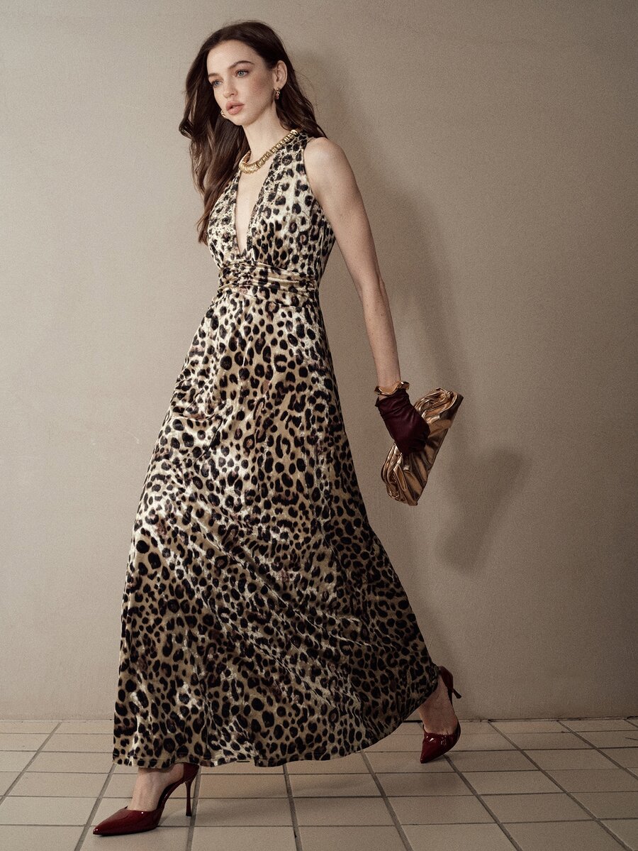 MOTF PREMIUM DEEP V-NECK LEOPARD PRINT BEADED EMBELLISHED DRESS - Brown - View 2