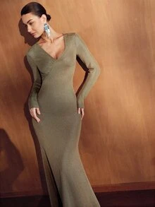MOTF PREMIUM WOMEN'S V-NECK LONG SLEEVE FITTED MERMAID HEM ELEGANT DRESS - Gold - View 6