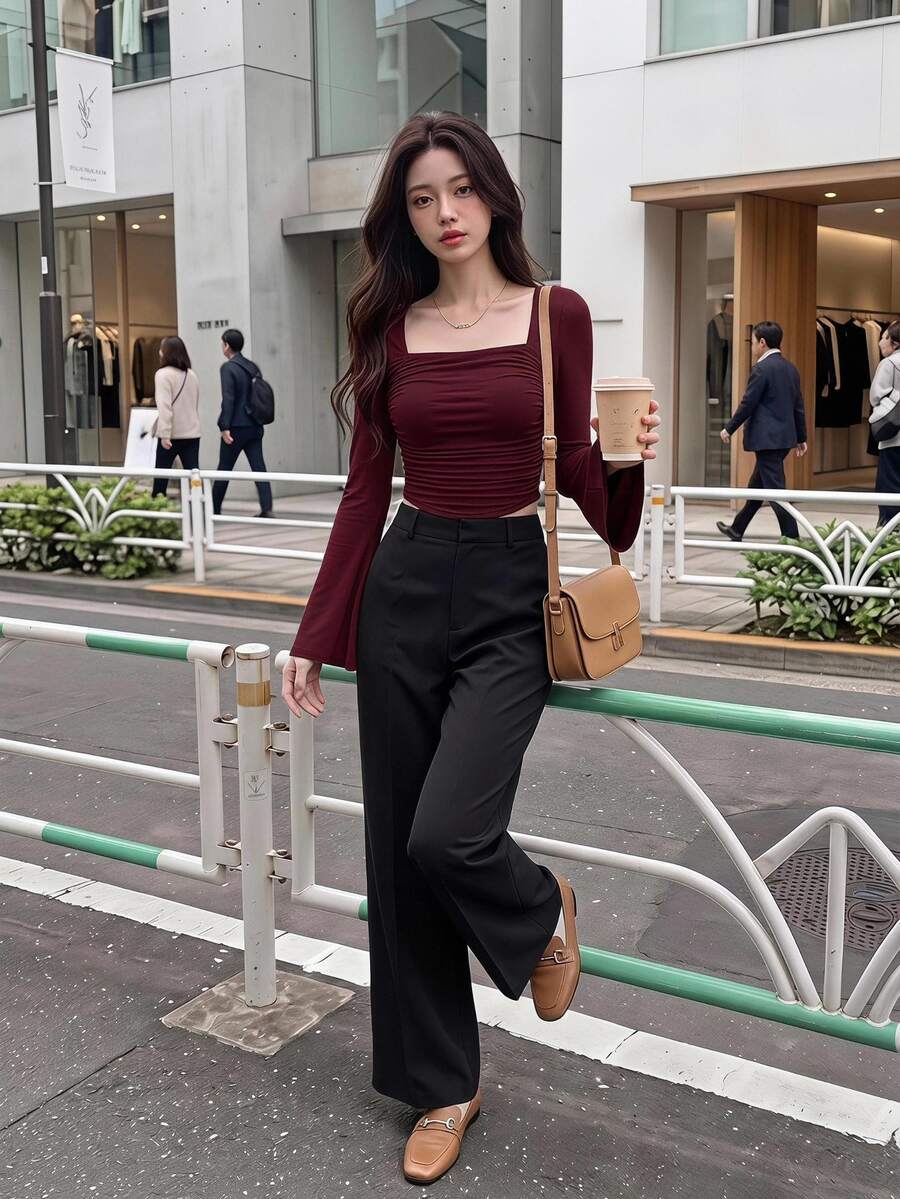 SHEIN MOD Boat Neck Bell Sleeve Side Ruched Fashion Burgundy T-Shirt,Christmas,Party,New Year