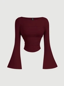 SHEIN MOD Boat Neck Bell Sleeve Side Ruched Fashion Burgundy T-Shirt,Christmas,Party,New Year - Burgundy - View 7