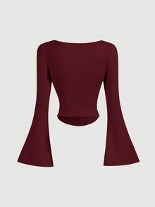 SHEIN MOD Boat Neck Bell Sleeve Side Ruched Fashion Burgundy T-Shirt,Christmas,Party,New Year - Burgundy - View 3