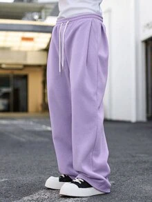 Major Grit Men Drawstring Waist Wide Leg Sweatpants, Y2k Casual Streetwear Lavender Baggy Pants Wide Leg Gym - Mauve Purple - View 4