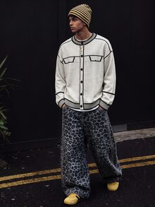 Manfinity Homme Men's Minimalist Streetwear Striped Colorblock Knit Cardigan, Ins Style, Glamorous Party, Street Mature, Loose Fit Cardigan White Autumn, Formal, Old Money - Multicolor - View 5