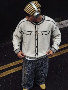 Manfinity Homme Men's Minimalist Streetwear Striped Colorblock Knit Cardigan, Ins Style, Glamorous Party, Street Mature, Loose Fit Cardigan White Autumn, Formal, Old Money - Multicolor - View 1