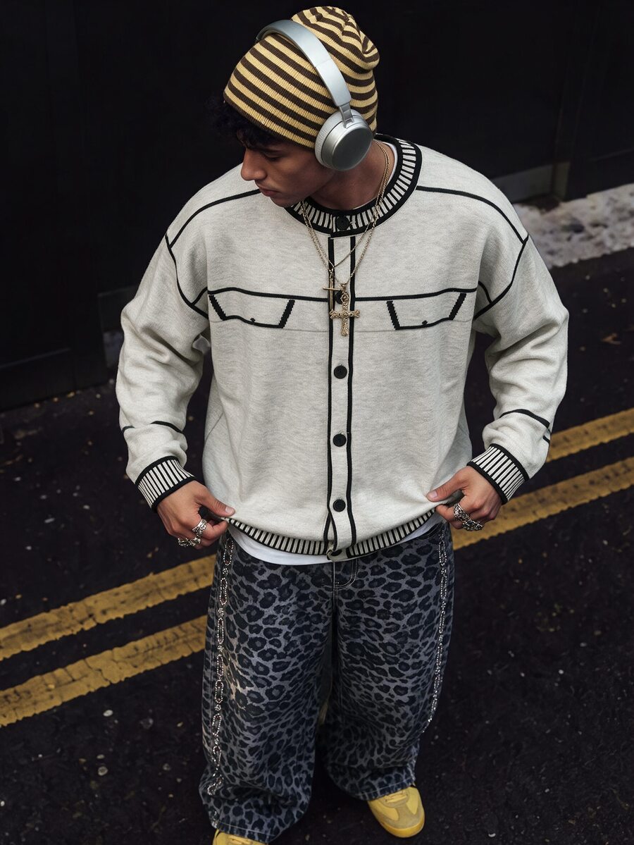 Manfinity Homme Men's Minimalist Streetwear Striped Colorblock Knit Cardigan, Ins Style, Glamorous Party, Street Mature, Loose Fit Cardigan White Autumn, Formal, Old Money - Multicolor - View 1