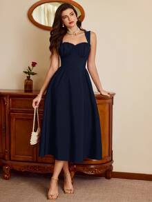 Vintamour Women's Sweet Elegant Shirred Dress - Navy Blue - View 3