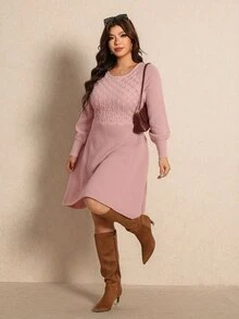 Elaquor فستان نسائي كاجوال محبوك بأكمام طويلة وياقة دائرية وأكمام راجلان مقاس كبير، شتاء، خريف/شتاء، ، رأس السنة - وردي - مشاهدة 4