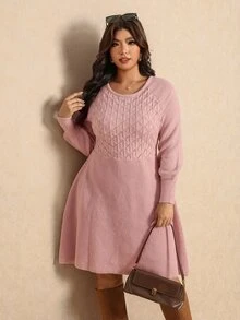 Elaquor فستان نسائي كاجوال محبوك بأكمام طويلة وياقة دائرية وأكمام راجلان مقاس كبير، شتاء، خريف/شتاء، ، رأس السنة - وردي - مشاهدة 8