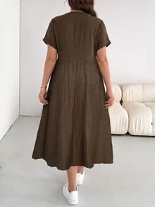 Shapeblank Plus Size Women's Spring/Summer Fashion Casual Loose Comfortable Everyday Basic Versatile Slimming Brown V-Neck Short Sleeve Midi Dress With Pockets - Brown - View 2
