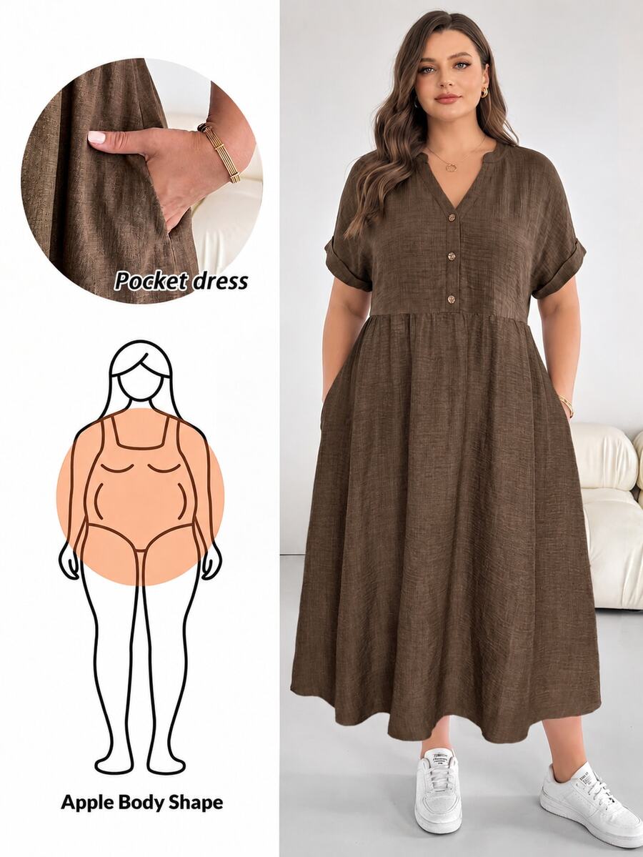 Shapeblank Plus Size Women's Spring/Summer Fashion Casual Loose Comfortable Everyday Basic Versatile Slimming Brown V-Neck Short Sleeve Midi Dress With Pockets - Brown - View 1