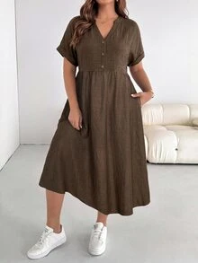 Shapeblank Plus Size Women's Spring/Summer Fashion Casual Loose Comfortable Everyday Basic Versatile Slimming Brown V-Neck Short Sleeve Midi Dress With Pockets - Brown - View 4