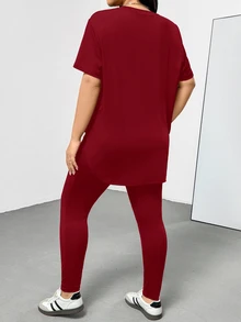 Shapeblank 大码女装春夏时尚休闲运动舒适百搭显瘦日常黑色短袖T恤和打底裤两件套，裤装套装，街头风，机场穿搭，夏季女装，外出穿搭，Y2K风格，极简风，女士教堂着装 - 紅色 - 查看 5