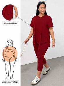 Shapeblank 大码女装春夏时尚休闲运动舒适百搭显瘦日常黑色短袖T恤和打底裤两件套，裤装套装，街头风，机场穿搭，夏季女装，外出穿搭，Y2K风格，极简风，女士教堂着装 - 紅色 - 查看 4