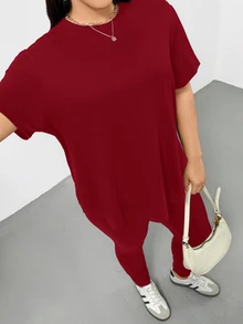 Shapeblank 大码女装春夏时尚休闲运动舒适百搭显瘦日常黑色短袖T恤和打底裤两件套，裤装套装，街头风，机场穿搭，夏季女装，外出穿搭，Y2K风格，极简风，女士教堂着装 - 紅色 - 查看 9