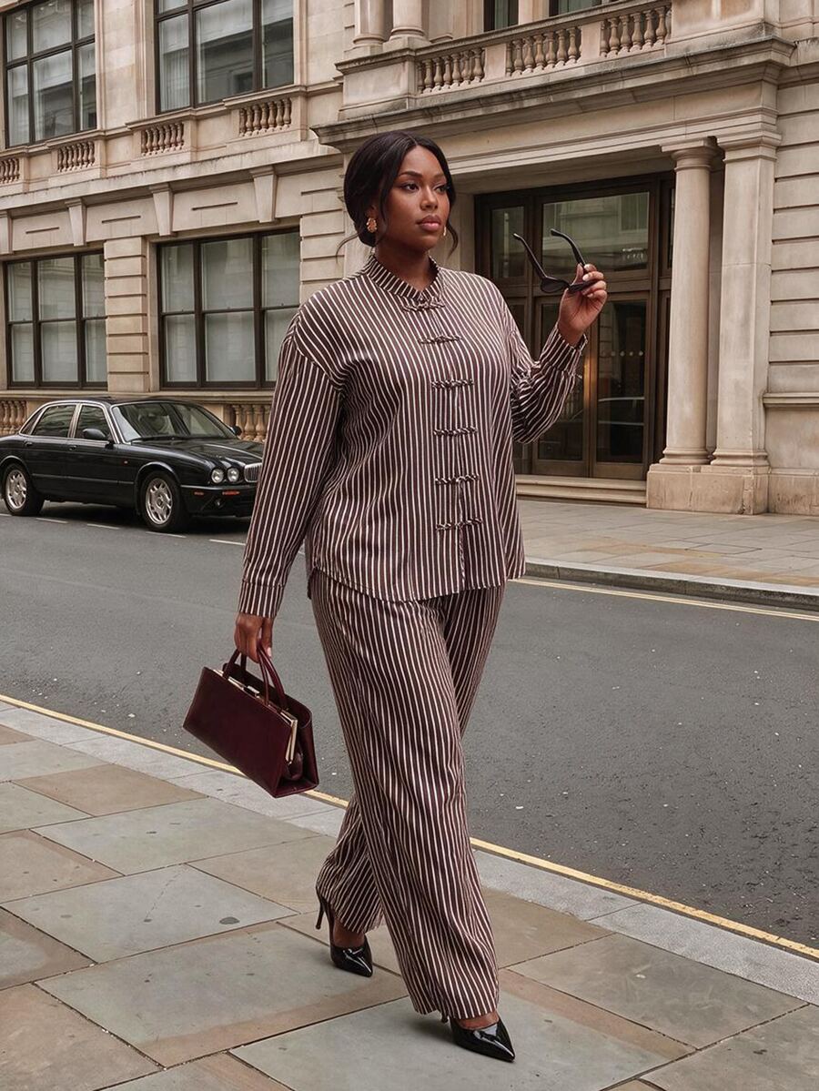 Firerie Brown Striped Plus Size Loose New Chinese Style Casual Set/Daily Streetwear Autumn 2 Pieces Set/New Chinese-Style Two Pieces Set / Autumn-Winter Outfit - Brown - View 1