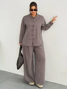 Firerie Brown Striped Plus Size Loose New Chinese Style Casual Set/Daily Streetwear Autumn 2 Pieces Set/New Chinese-Style Two Pieces Set / Autumn-Winter Outfit - Brown - View 5
