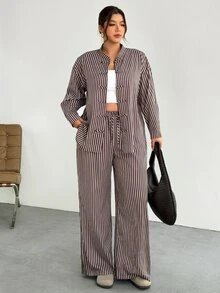 Firerie Brown Striped Plus Size Loose New Chinese Style Casual Set/Daily Streetwear Autumn 2 Pieces Set/New Chinese-Style Two Pieces Set / Autumn-Winter Outfit - Brown - View 6