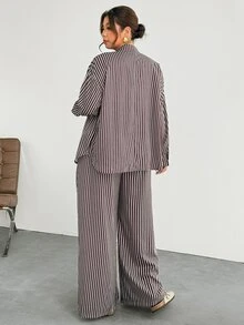 Firerie Brown Striped Plus Size Loose New Chinese Style Casual Set/Daily Streetwear Autumn 2 Pieces Set/New Chinese-Style Two Pieces Set / Autumn-Winter Outfit - Brown - View 3
