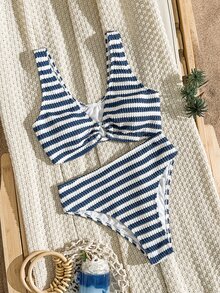 Swim Vcay Women's Summer Beach Vacation Blue And White Striped Bikini Two-Piece Set - Multicolor - View 10
