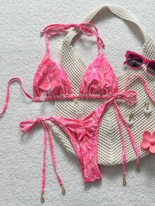 Swim Vcay 女款夏季海灘全身印花掛脖綁帶性感比基尼與三角泳褲泳裝套裝 - 彩色 - 查看 4