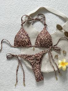 Swim Vcay Women's Summer Beach Leopard Print Halter Neck Tie Sexy Bikini And Triangle Bottoms Two-Piece Swimwear Set - Multicolor - View 9