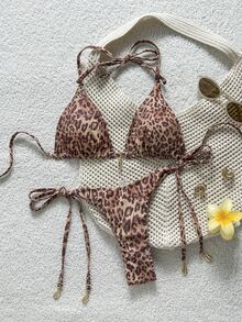 Swim Vcay Women's Summer Beach Leopard Print Halter Neck Tie Sexy Bikini And Triangle Bottoms Two-Piece Swimwear Set - Multicolor - View 10