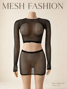 Swim SXY 2 件装女士纯色性感镂空紧身网眼罩衫夏季 - 黑色 - 查看 8
