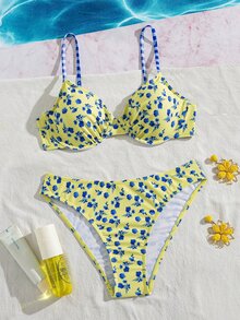 Swim Vcay 夏季度假性感花卉鋼圈抓皺細肩帶比基尼套裝 - 彩色 - 查看 4