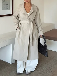 Dazy Plus Old Money Spring/Autumn Solid Color Loose Long Sleeve Belted Pocket Button-Up Trench Coat Jacket - Apricot - View 1