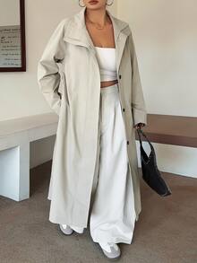 Dazy Plus Old Money Spring/Autumn Solid Color Loose Long Sleeve Belted Pocket Button-Up Trench Coat Jacket - Apricot - View 4