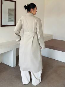 Dazy Plus Old Money Spring/Autumn Solid Color Loose Long Sleeve Belted Pocket Button-Up Trench Coat Jacket - Apricot - View 2