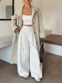 Dazy Plus Old Money Spring/Autumn Solid Color Loose Long Sleeve Belted Pocket Button-Up Trench Coat Jacket - Apricot - View 5