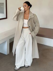 Dazy Plus Old Money Spring/Autumn Solid Color Loose Long Sleeve Belted Pocket Button-Up Trench Coat Jacket - Apricot - View 6