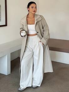 Dazy Plus Old Money Spring/Autumn Solid Color Loose Long Sleeve Belted Pocket Button-Up Trench Coat Jacket - Apricot - View 7