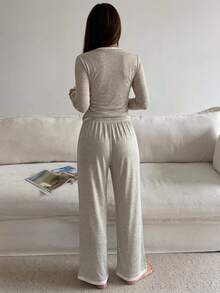 DAZY 2pcs/Set Women's Patchwork 2 In 1 Slim Fit T-Shirt & Straight Leg Long Pajama Pants Sleepwear Set Fall - Khaki - View 2