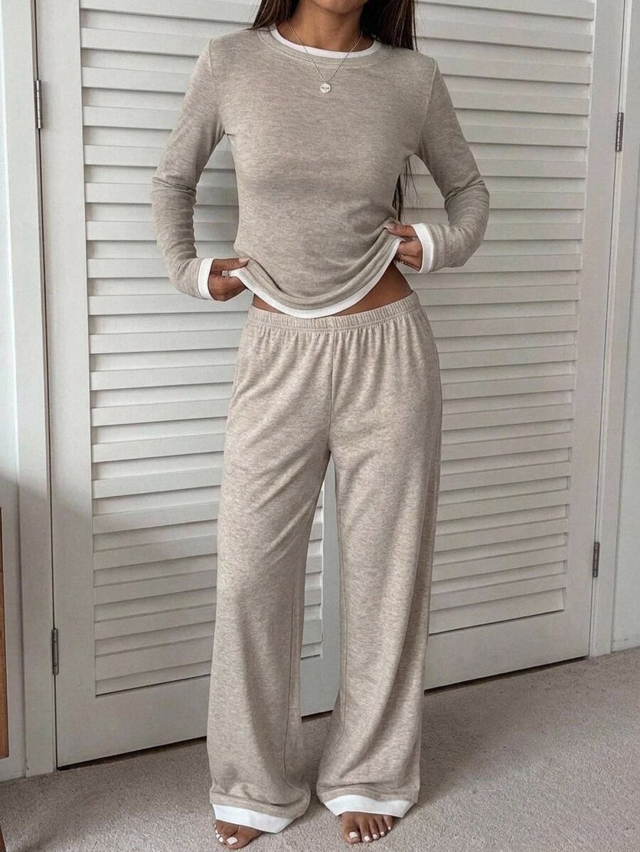 DAZY 2pcs/Set Women's Patchwork 2 In 1 Slim Fit T-Shirt & Straight Leg Long Pajama Pants Sleepwear Set Fall - Khaki - View 1