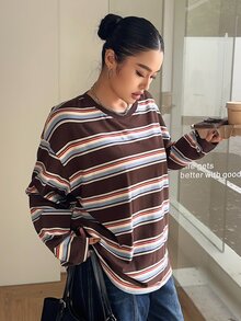 Livesso Curve 休閒寬鬆圓領長袖條紋T恤，大尺碼，街頭風度假風 - 棕色 - 查看 7