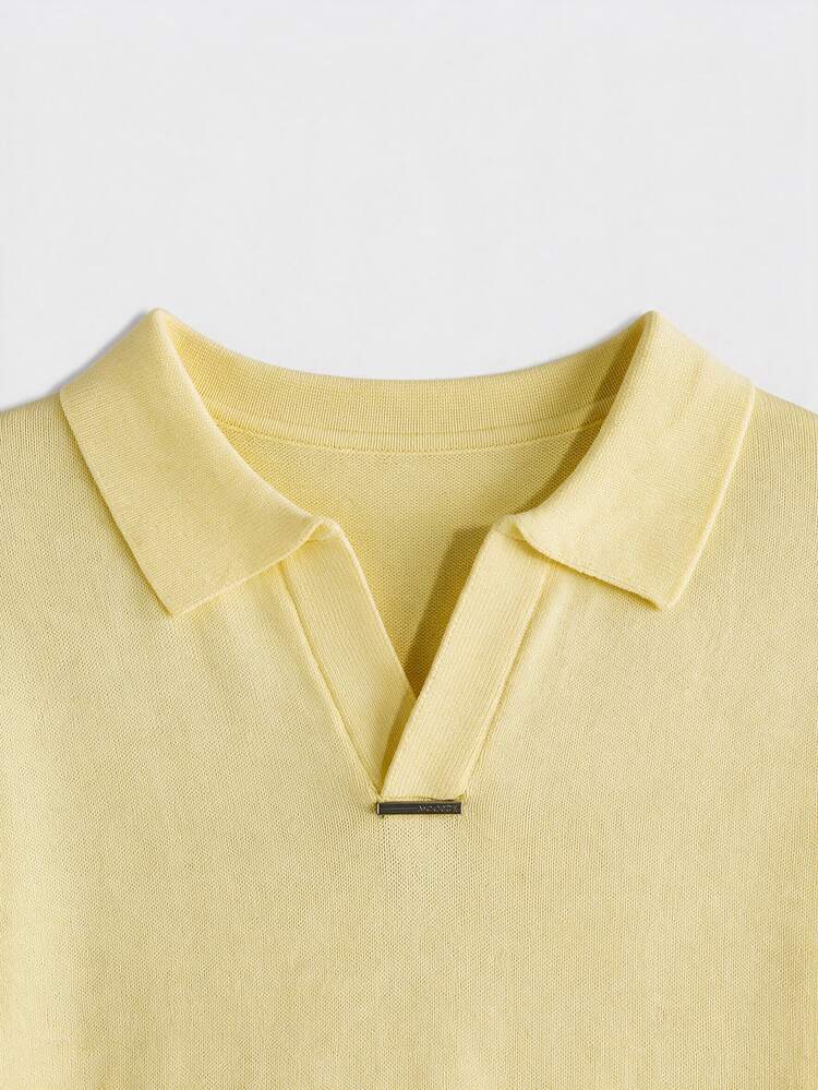 Vientiro Men's Solid Color Polo Collar Short Sleeve Casual Knit Top, Vacation, Father's Day Gifts - Yellow - View 5