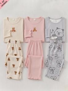 SHEIN Tween Girl Cartoon Pattern Kids Crew Neck Pullover And Loose Pants Knit Fabric Soft Comfortable Casual Pajama Set Tween Girl - Grey - View 1