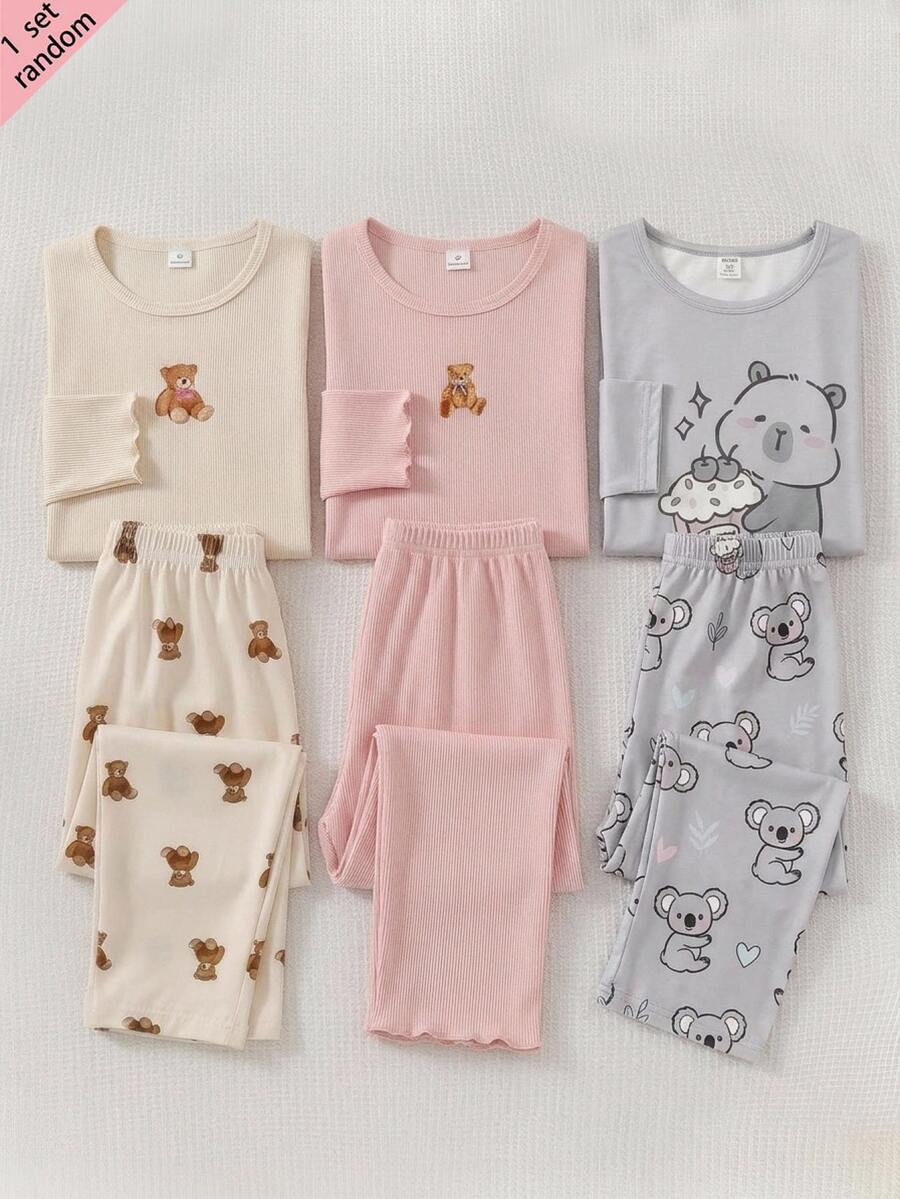 SHEIN Tween Girl Cartoon Pattern Kids Crew Neck Pullover And Loose Pants Knit Fabric Soft Comfortable Casual Pajama Set Tween Girl - Grey - View 1