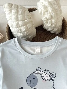 SHEIN Tween Girl Cartoon Pattern Kids Crew Neck Pullover And Loose Pants Knit Fabric Soft Comfortable Casual Pajama Set Tween Girl - Grey - View 4
