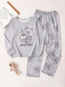 SHEIN Tween Girl Cartoon Pattern Kids Crew Neck Pullover And Loose Pants Knit Fabric Soft Comfortable Casual Pajama Set Tween Girl - Grey - View 6