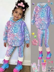 SHEIN Young Girl Shiny Rainbow Leopard Print Young Girl Casual Minimalist Short Sleeve & Shorts 2 Pieces Set Kids - Multicolor - View 2